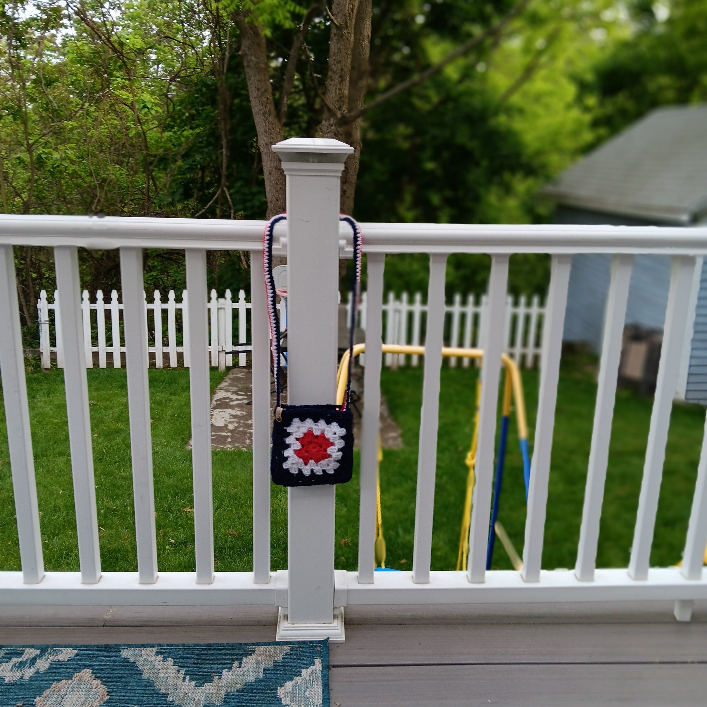 Handmade Crochet Patriotic Crossbody Purse | Red White Blue with Leather Tag