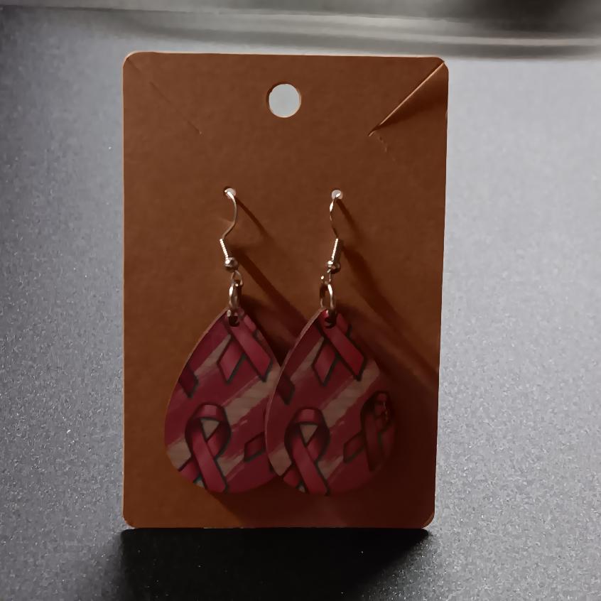 Light pink breast cancer awareness ribbon teardrop earrings, one pair