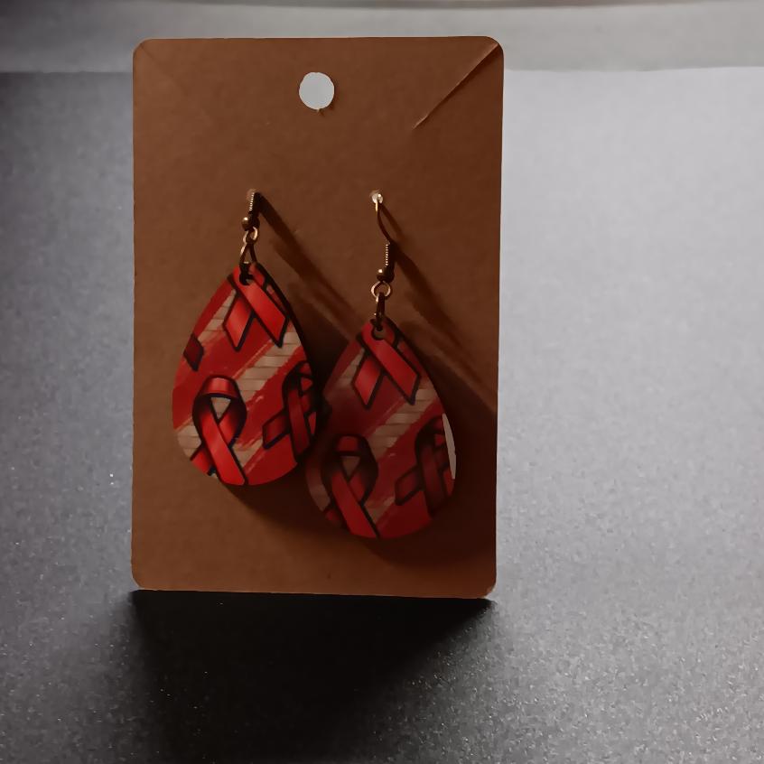 Red and pink breast cancer awareness ribbon teardrop earrings, one pair