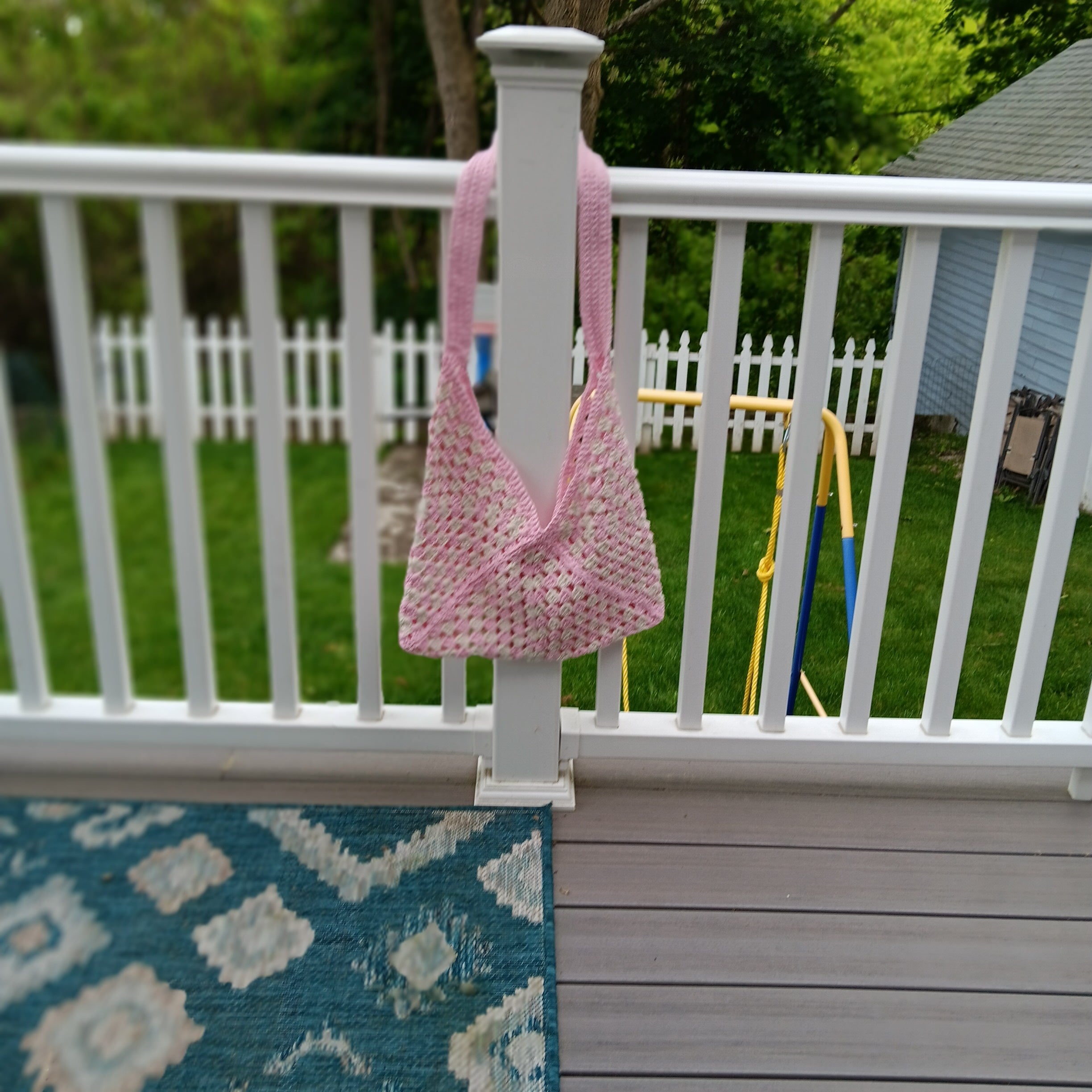 Handmade Crochet Pink Granny Square Tote Bag | Market Bag