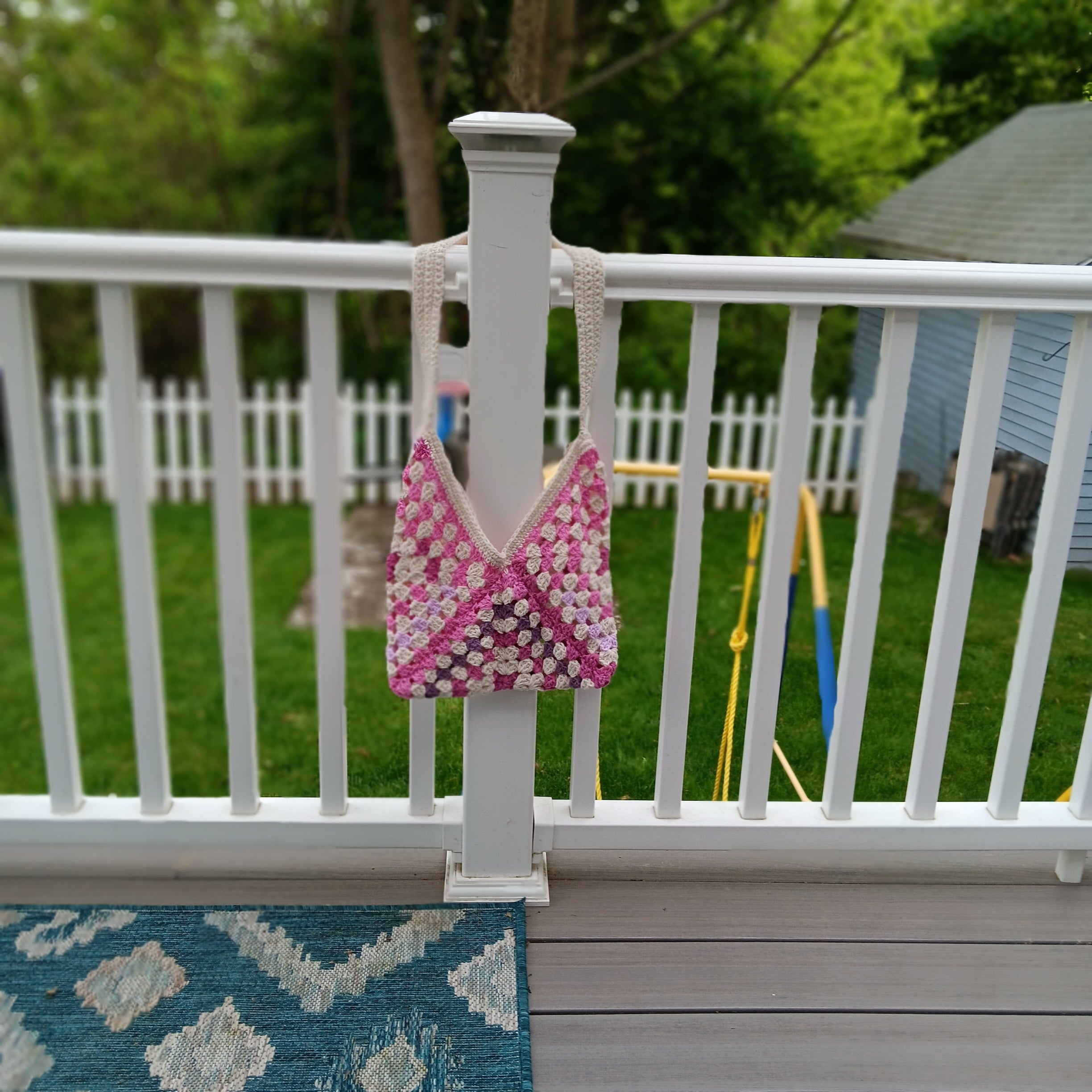 Handmade Crochet Pink Stripe Cotton Granny Square Tote Bag | Market Bag