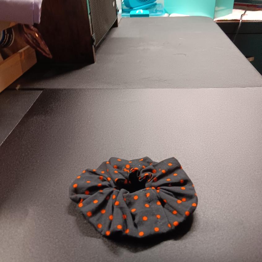 Black cotton Halloween hair tie with orange polka dots