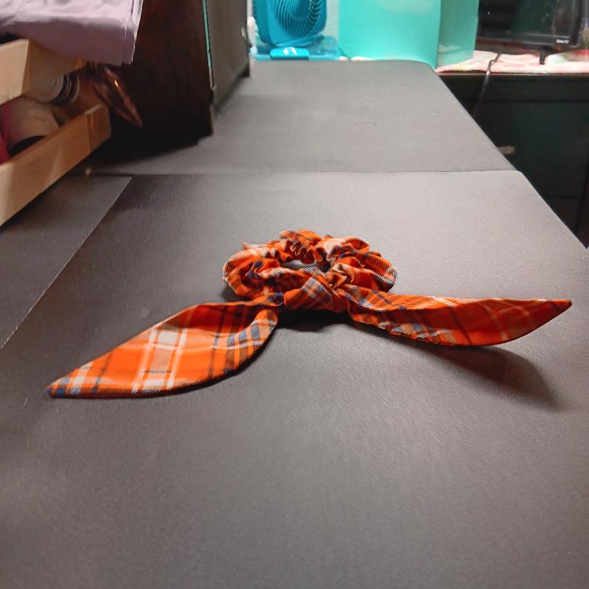 Orange plaid cotton Halloween hair tie with long tails